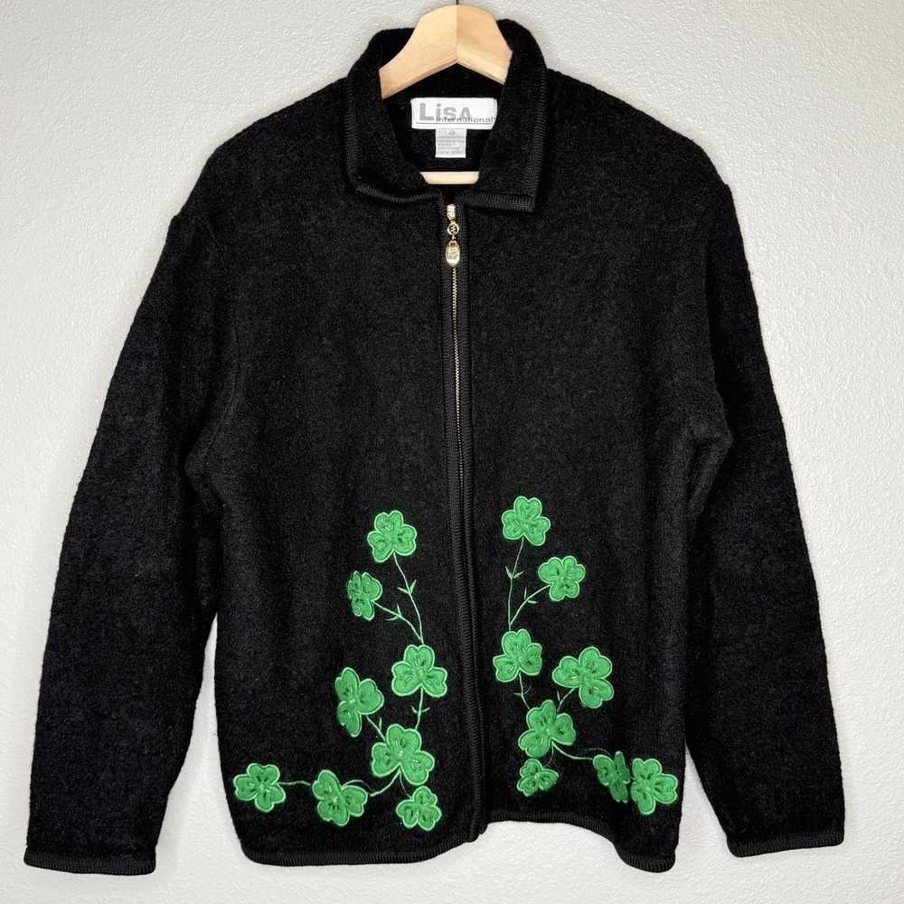 VTG Lisa International Boiled Wool Black Zip Cardigan Shamrock Clover‎ Jacket M